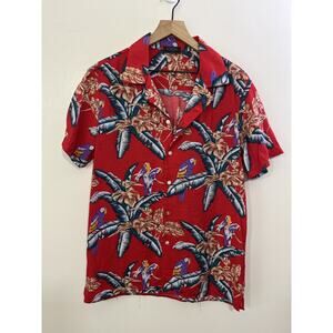 90s Vacation Hawaiian Camp Shirt L Resort Tropical Preppy Beach Parrot Vacation
